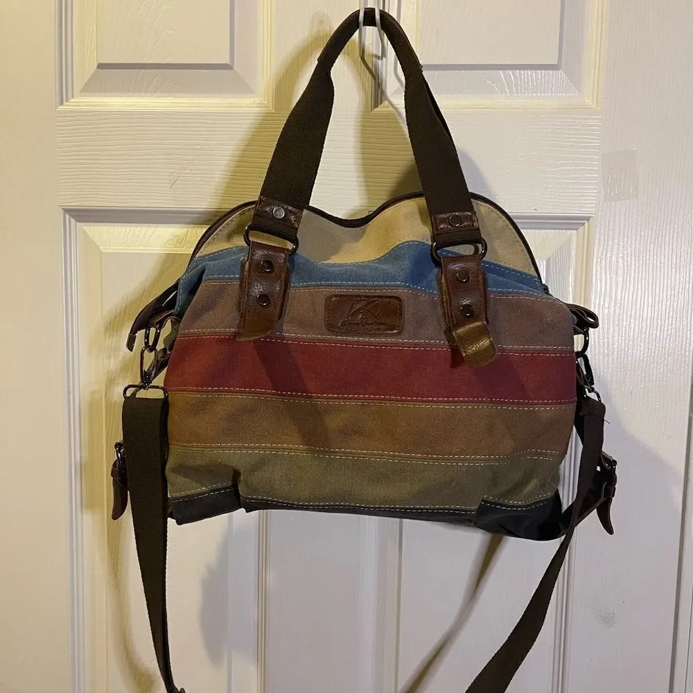 SUNSHINEJING Striped Canvas Tote Crossbody Strap Double Handles